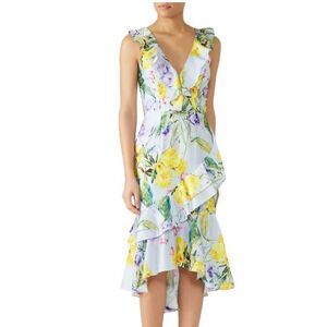 Vone Aini Dress Floral Silky Sleeveless Ruffles Slit Layers Side Zip Size 4